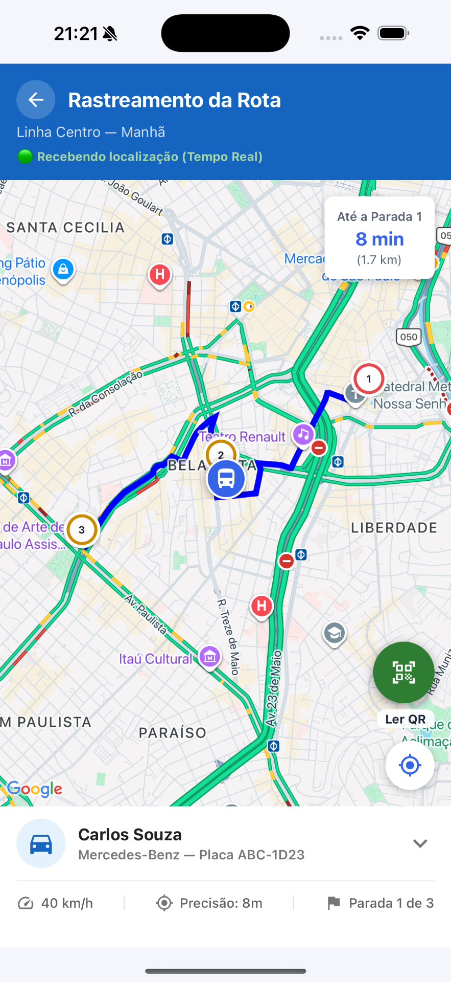 Tela de rastreamento da rota no app TransportEasy Passageiro